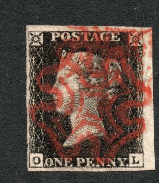 1840 Penny Black Sg 2 - - 1d Black Plate 4 " O L " Fine Red Maltese Cross Pmk