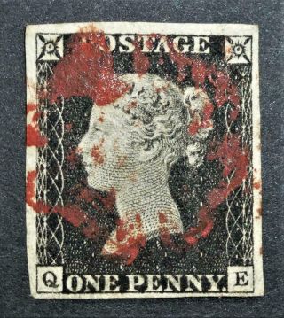 4 Margins Penny Black Plate 2 Red Maltese Cross Letters Qe Example
