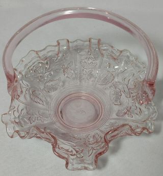 Fenton Pink Glass Basket With Cabbage Rose & Wild Flowers Floral