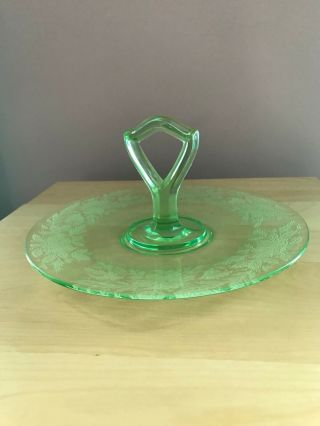 Vintage Frosted Green Depression Glass Serving Plate With Handle 10 "