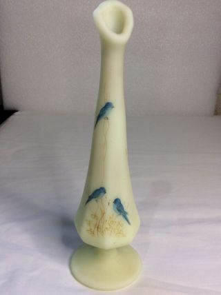 Vintage Fenton Custard Satin Glass Bud Vase Hand Painted Blue Birds Signed