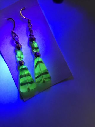 Rare Czech Green Tiger Stripe With Gold Tone Spacers Uranium Glass Bead Earrings