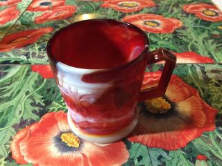 Vintage Imperial Slag Swirl Glass Red Orange White Bird Coffee Mug Cup 3.  5”