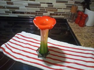 Murano Glass Lilly Shaped Red Jack In The Pulpit Bud Vase Approx 8” Tall