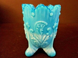 Vintage St Claire Blue Slag Glass Fan And Feather Footed Toothpick Holder