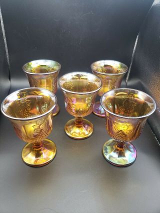 5 Vintage Amber Iridescent Indiana Carnival Glass Goblets Harvest Grape