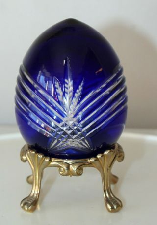 Vintage Czech Cobalt Blue Cut To Clear Glass Egg On Gold Stand 2