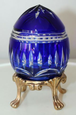 Vintage Czech Cobalt Blue Cut To Clear Glass Egg On Gold Stand