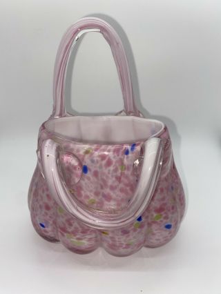 Vintage Murano Style Hand Blown Art Glass Pink Multi Color Purse Vase