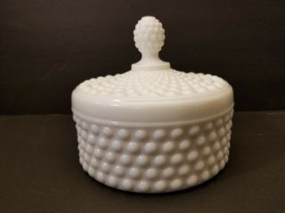 Vintage Round White Milk Glass Hobnail Covered Candy Dish Bowl With Lid 5 "