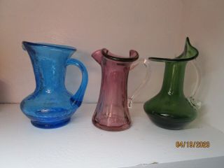 3 Vtg Hand Blown Glass Green,  Blue,  Purple Pitcher Approx 4 Inches