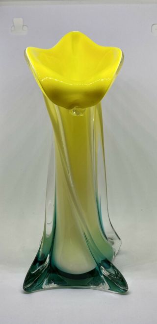 Vintage Murano Art Glass Calla Lily Jack In The Pulpit Vase Yellow & Green