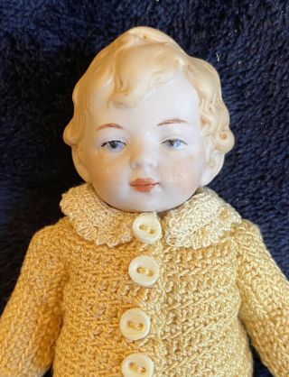 Antique German Hertwig All Bisque Doll 4 1/2 In Suit Antique Doll