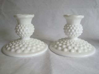 2 Fenton White Milk Glass Hobnail Taper Candle Holders 3.  25 " Vintage