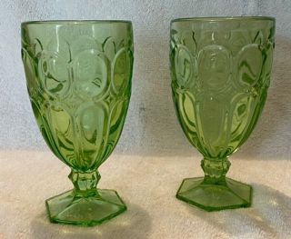Thumbprint Water Goblets Pair Vintage Lime Green Hexagon Footed 6.  5 "