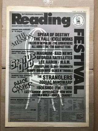 Reading Festival 1987 (b))  Status Quo/mission/alice Cooper/stranglers Poster Size