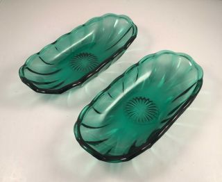Vintage Teal Green Depression Glass Oval Candy Dishes (set Of 2)