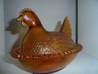 Vintage Indiana Glass Amber Chicken Hen On Nest Covered Candy Dish 7 "