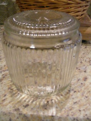 Vintage Anchor Hocking Ribbed Clear Glass Cookie Biscuit Storage Jar W/lid 6 " X6 "