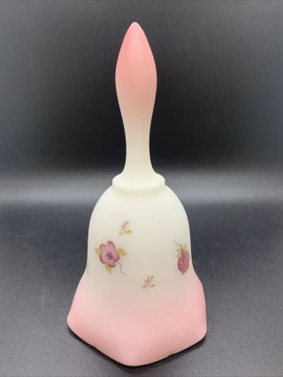 Fenton Art Glass Bermese Bell Signed Hand Painted 6.  5 " Raspberry Floral