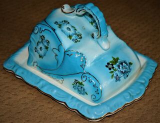 Vintage Imperial Hand Crafted Butter Dish Blue Floral With Gold Trim