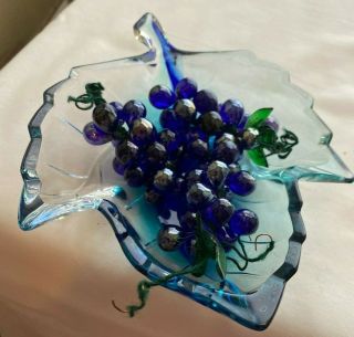 Clear And Blue Glass Leaf Shape Dish With Clusters Of Blue Grapes