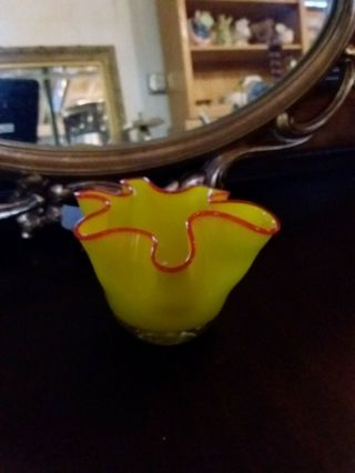 Small Ruffled Blown Glass Vase Yellow& Orange In Murano Style 3 1/2 "