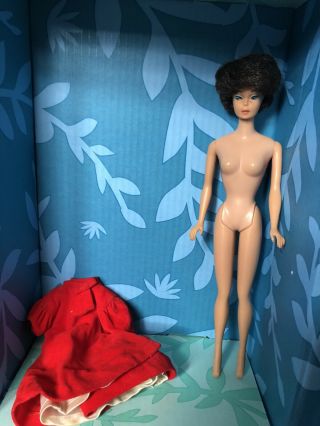 Vintage 1960’s Brunette Bubblecut Barbie Doll W/ Red Flare Coat Blue Eyes