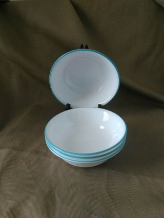 Set/4 Corelle South Beach Soup Cereal Bowls 6 1/4 " White Blue Turquoise Bands