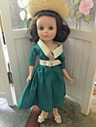 Vtg Brunette American Character 10.  5 " Toni Doll In Green Day Dress,  Hat,  Shoes