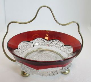 Vintage Depression Glass Relish Candy Nut Dish With Gold Metal Caddy/holder