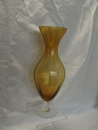 Vintage Art Glass Amber Vase With Fluted Rim And Barley Twist Stem