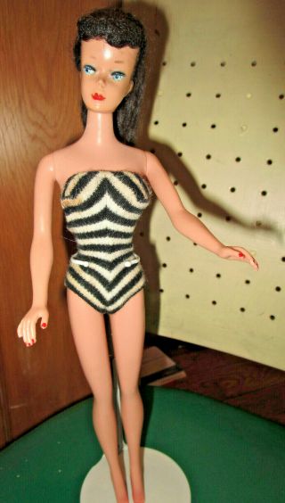 Vintage Orig Barbie 3 Or 4 Brunette Ponytail In Striped Swimsuit Solid Body