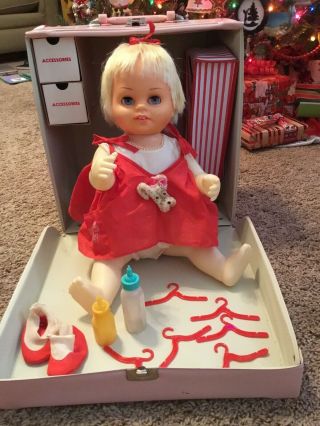 Vintage 1962 Chatty Cathy Baby Doll With Pink Carrying Case Mattel Great