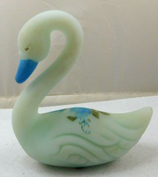 Vintage Signed Fenton Art Glass Hand Painted Blue Satin Custard Swan