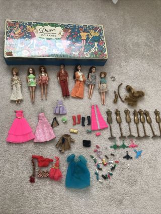 Dawn Dolls And Her Friends Doll Case And Seven Dolls With Accessories