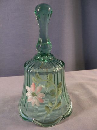 Fenton Hand Painted Green Glass Bell - Pink & White Flower 6 3/8 " Tall