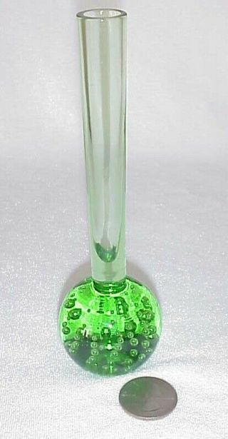 Vintage Glass Bud Vase W/ Controled Bubbles Weighted Green Kosta Boda Sweden