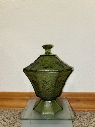 Vintage Green Glass Candy Dish Pedestal W/ Cover Grape Vines Design