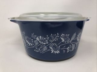 Vintage Pyrex Mixing Bowl With Lid Blue Colonial Mist Floral Flowers 473 - B