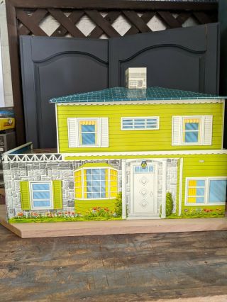 T.  Cohn Two Story Tin Dollhouse With Furniture,  Vintage Toy
