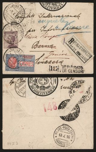 Italy 1916 Registered Express Cover Cortina D 
