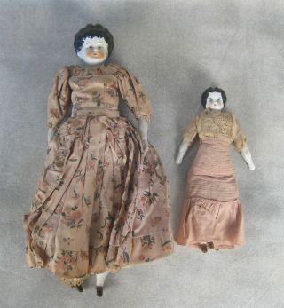2 Antique China Shoulder Head Dolls Germany Cloth Body Dressed 5 Mark 14 "