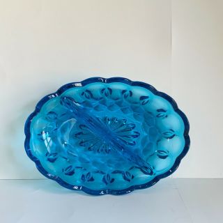 Vintage Blue Indiana Glass Oval Divided Relish Candy Dish Thumbprint Scalloped