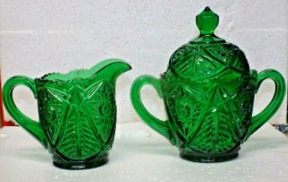 Vintage Cut Glass Creamer Sugar W/lid Emerald Green Sawtooth Unusual Pattern