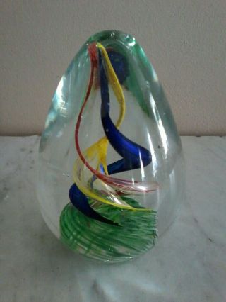 Vtg Hand Blown Art Glass Egg Shaped Paperweight W/multi Colored Spirals