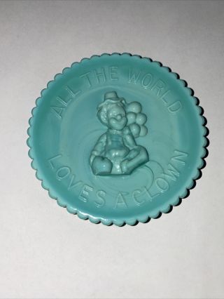 Vintage Mosser Glass Plate All The World Loves A Clown Teal 3 1/2 "