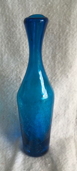 Vintage Blenko Aqua Blue Crackle Glass 10” Vase.  Mcm