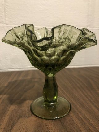 Vintage Green Depression Glass Candy Dish Bowl Pedestal Ruffled Edges