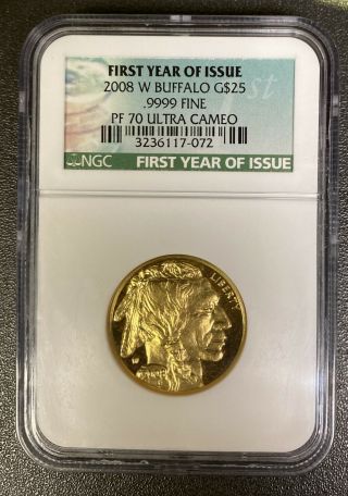 2008 W $25 Proof Gold Buffalo Ngc Pf70 Ultra Cameo - 1/2 Oz - 1st Year Of Issue